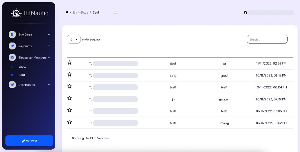 The blockchain message screen in BTNT Docs